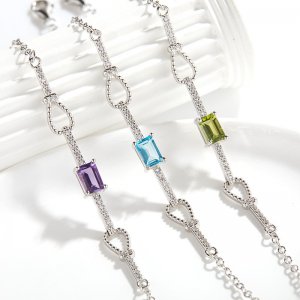 Colorful Gemstone Jewelry S925 Sterling Silver Inlaid With Natural Multi-Colored Square Gemstones